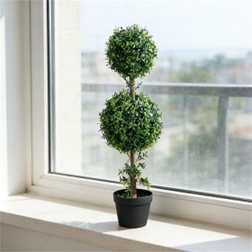 A set of 2 artificial boxwood trees, potted fake plants, simulated plants, green