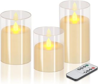 Flameless Candles 4" 5" 6" Set of 3 Acrylic Glass Pillars 3" Diameter Battery Operated Flickering Candles Include 10-Key Remote with Timer Functi