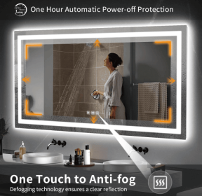 This tempered glass bathroom mirror with anti-fog and anti-break features offers a rectangular frame for wall-mounted use. Featuring a metal fram (S1R12176UL48"x30": S1R12176UL48"x36")